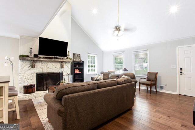 1700 Jimmy Daniel Rd, Watkinsville, GA 30677 - living area with a fireplace, ceiling fan, wood finished floors, high vaulted ceiling, and baseboards