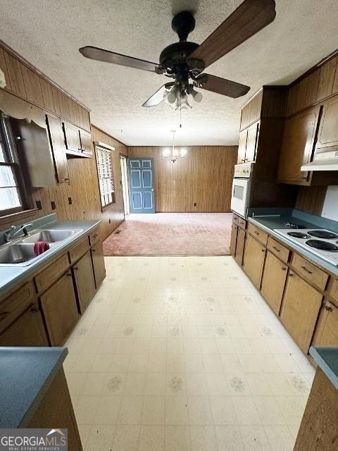 310 Advantage Ln, Swainsboro, GA 30401 - kitchen with a sink, a textured ceiling, white appliances, wooden walls, and ceiling fan