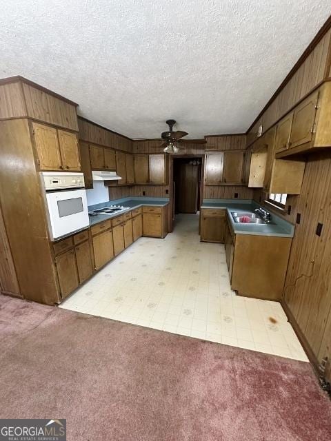 310 Advantage Ln, Swainsboro, GA 30401 - kitchen featuring white appliances, ceiling fan, wood walls, a textured ceiling, and a sink