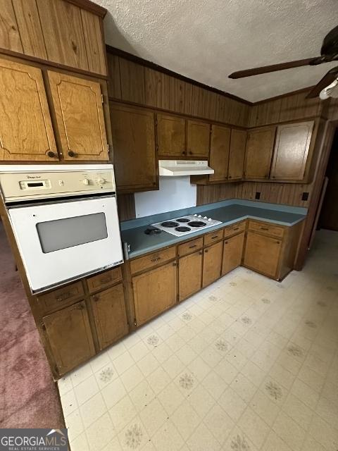 310 Advantage Ln, Swainsboro, GA 30401 - kitchen featuring white appliances, a textured ceiling, ceiling fan, dark countertops, and under cabinet range hood