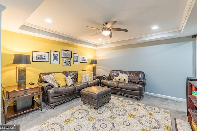 4314 Arbor Bridge Ct, Marietta, GA 30066 - carpeted living area with a tray ceiling, ceiling fan, ornamental molding, and recessed lighting