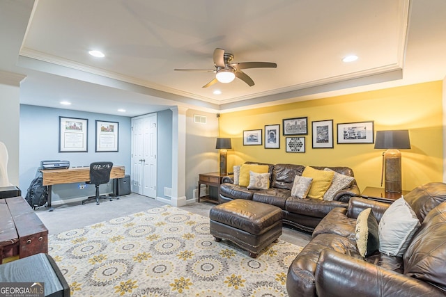 4314 Arbor Bridge Ct, Marietta, GA 30066 - living area featuring a tray ceiling, ceiling fan, crown molding, carpet floors, and recessed lighting