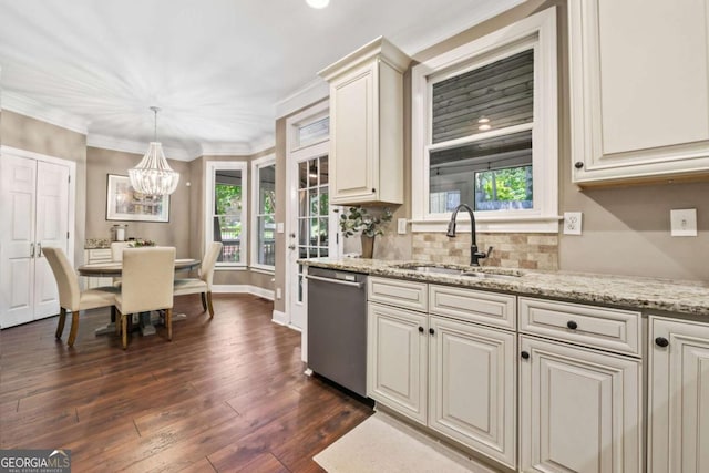 3232 Cates Ave NE, Brookhaven, GA 30319 - kitchen featuring dishwasher, dark wood finished floors, light stone counters, tasteful backsplash, and cream cabinets