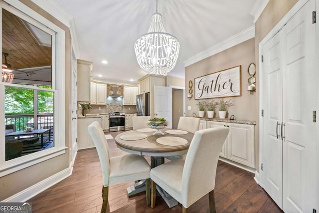 3232 Cates Ave NE, Brookhaven, GA 30319 - dining area featuring a chandelier, dark wood finished floors, crown molding, and recessed lighting