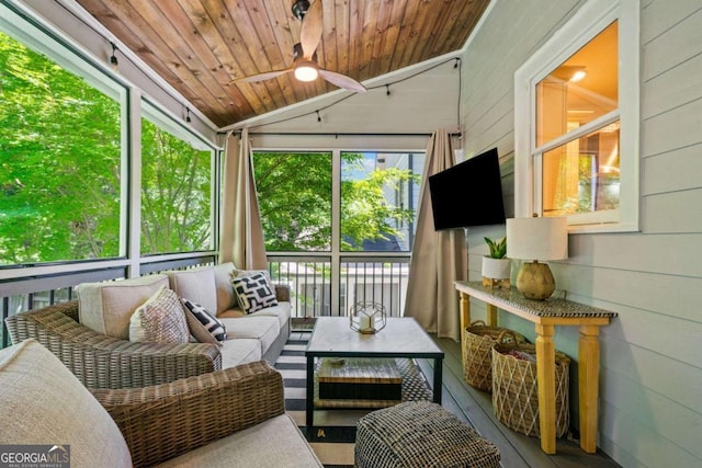 3232 Cates Ave NE, Brookhaven, GA 30319 - sunroom / solarium featuring vaulted ceiling, outdoor lounge area, and ceiling fan