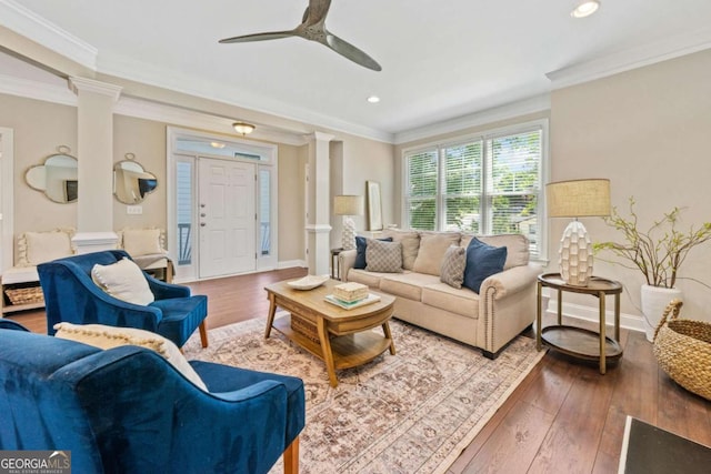 3232 Cates Ave NE, Brookhaven, GA 30319 - living area with decorative columns, a ceiling fan, wood-type flooring, crown molding, and recessed lighting
