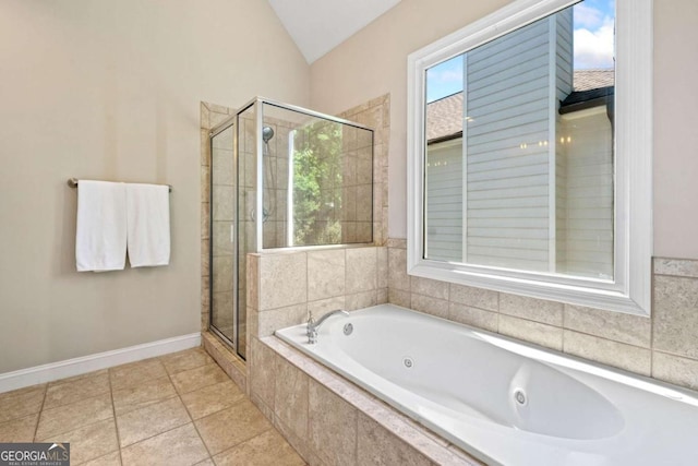 3232 Cates Ave NE, Brookhaven, GA 30319 - bathroom with a jetted tub, a shower stall, and lofted ceiling