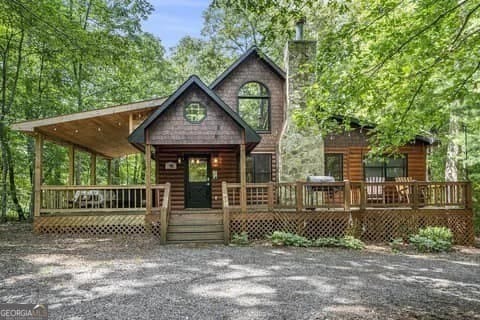 162 Little Falls Dr, Mineral Bluff, GA 30559 - view of front of home with a chimney and a wooden deck