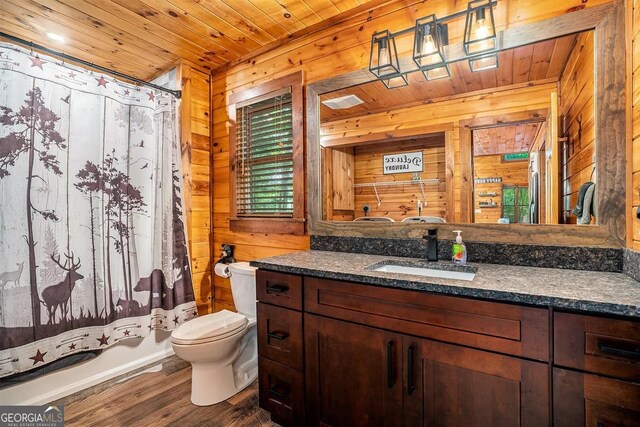 162 Little Falls Dr, Mineral Bluff, GA 30559 - full bathroom with wooden ceiling, wood walls, toilet, wood finished floors, and vanity