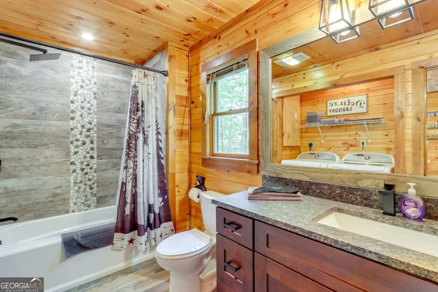162 Little Falls Dr, Mineral Bluff, GA 30559 - bathroom with washing machine and dryer, wooden walls, wooden ceiling, toilet, and vanity