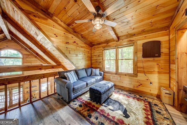 162 Little Falls Dr, Mineral Bluff, GA 30559 - living area with wood ceiling, a ceiling fan, plenty of natural light, hardwood / wood-style flooring, and wood walls
