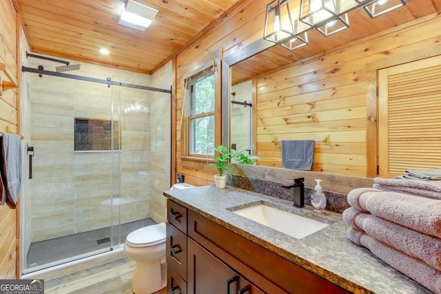 162 Little Falls Dr, Mineral Bluff, GA 30559 - bathroom with wood ceiling, a stall shower, vanity, toilet, and wood walls