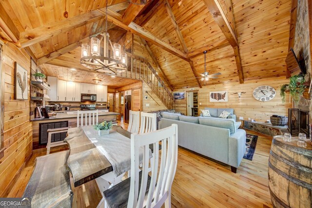 162 Little Falls Dr, Mineral Bluff, GA 30559 - dining space featuring wooden walls, wooden ceiling, a chandelier, light wood-type flooring, and beamed ceiling