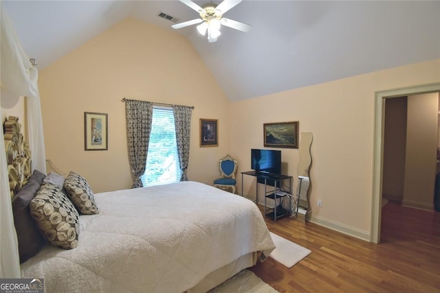 3740 Duckcove Way, Cumming, GA 30041 - bedroom featuring wood finished floors, lofted ceiling, and ceiling fan