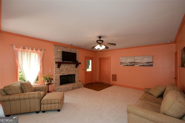 3740 Duckcove Way, Cumming, GA 30041 - living area featuring carpet, a ceiling fan, a fireplace, and ornamental molding