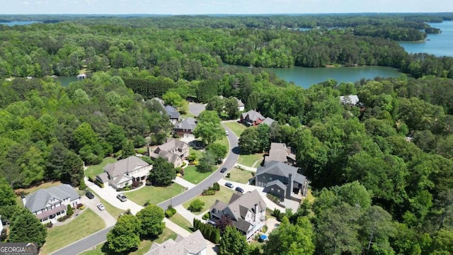 aerial overview of property's location featuring a heavily wooded area, a large body of water, and nearby suburban area