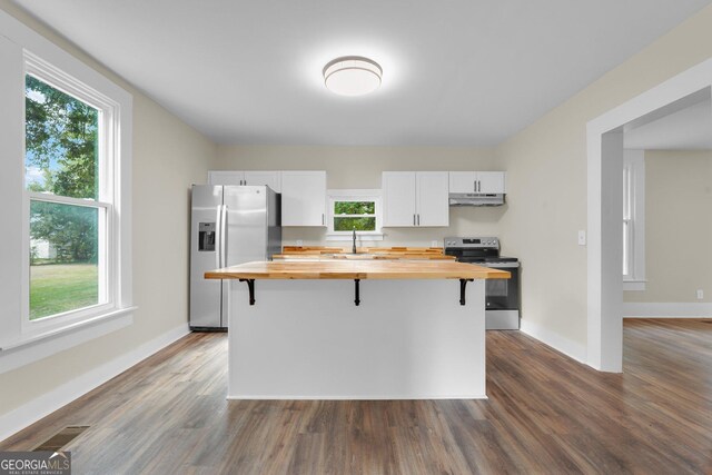 245 N Terrell St, Metter, GA 30439 - kitchen with butcher block countertops, appliances with stainless steel finishes, under cabinet range hood, a kitchen breakfast bar, and dark wood-type flooring