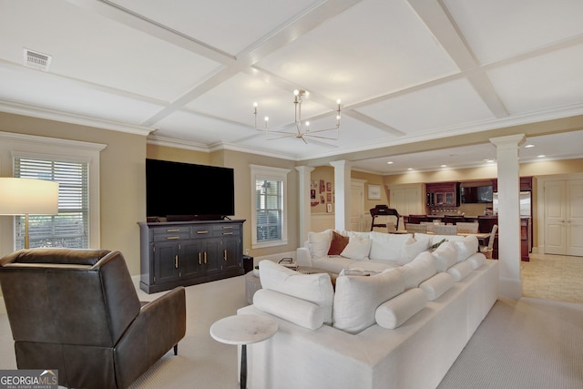 living room featuring decorative columns, coffered ceiling, healthy amount of natural light, light carpet, and beamed ceiling