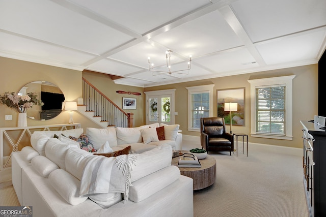 living room featuring coffered ceiling, carpet, a chandelier, baseboards, and stairway