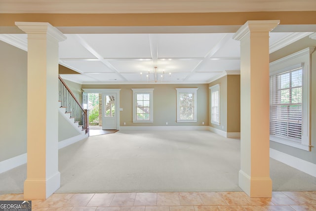 basement featuring light carpet, baseboards, stairs, and ornamental molding