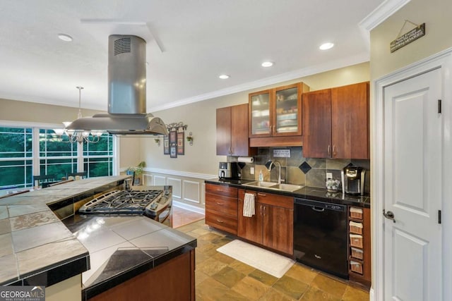 kitchen featuring dishwasher, island range hood, a sink, ornamental molding, and stone tile flooring