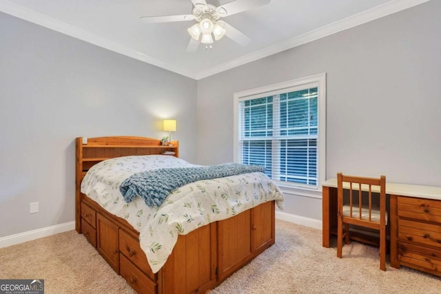 bedroom with light carpet, crown molding, baseboards, and multiple windows