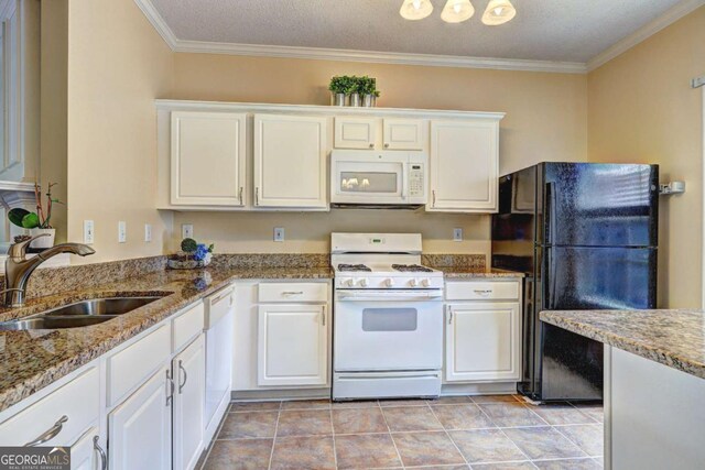 10900 Wittenridge Dr Unit L6, Alpharetta, GA 30022 - kitchen featuring white appliances, a sink, white cabinetry, crown molding, and light stone counters