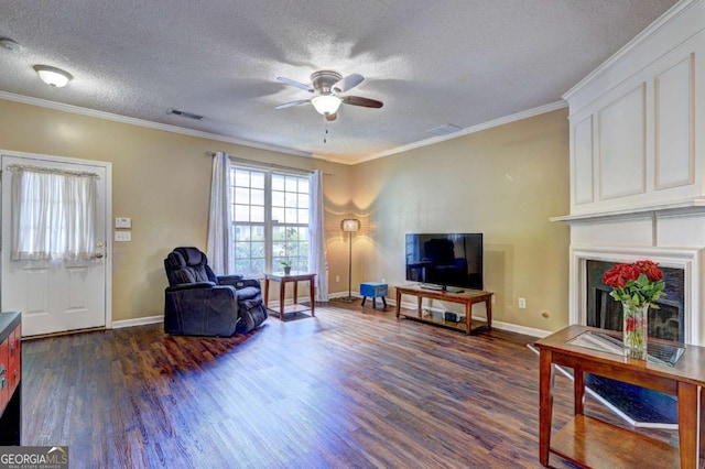 10900 Wittenridge Dr Unit L6, Alpharetta, GA 30022 - living area with a ceiling fan, dark wood finished floors, ornamental molding, baseboards, and a textured ceiling