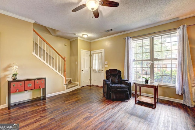 10900 Wittenridge Dr Unit L6, Alpharetta, GA 30022 - living area with a textured ceiling, wood finished floors, ceiling fan, stairs, and ornamental molding