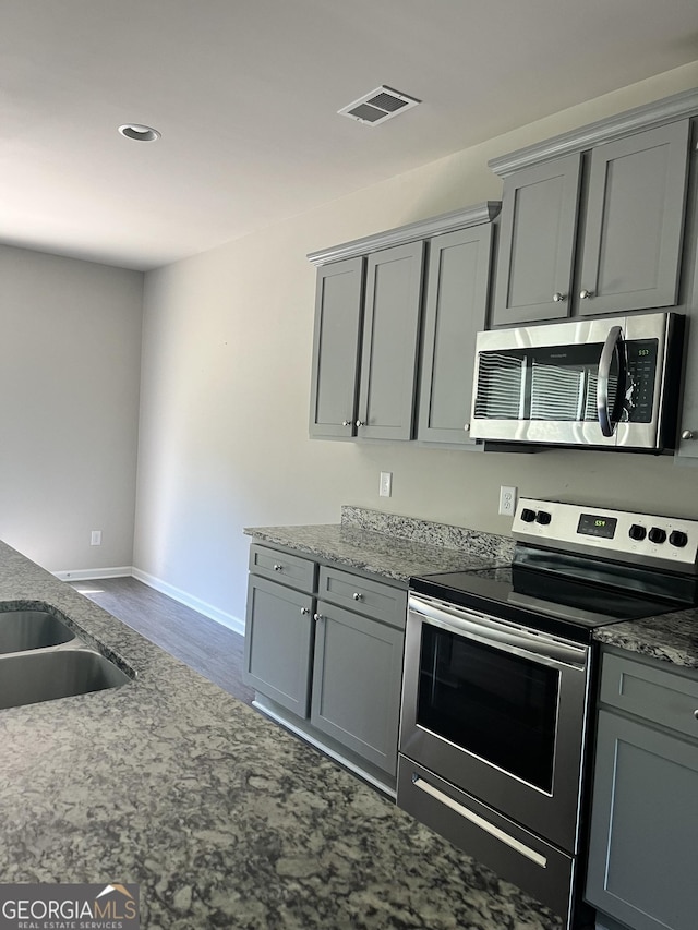 131 Queens Cemetery Rd, Good Hope, GA 30641 - kitchen with appliances with stainless steel finishes, gray cabinets, baseboards, dark wood-type flooring, and recessed lighting