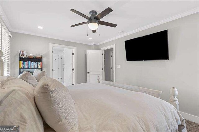 carpeted bedroom featuring baseboards, ornamental molding, recessed lighting, and a ceiling fan