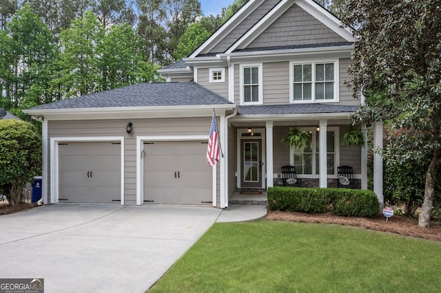 143 Treadstone Ln, Dallas, GA 30132 - view of front of property with driveway, a garage, a porch, a shingled roof, and a front yard