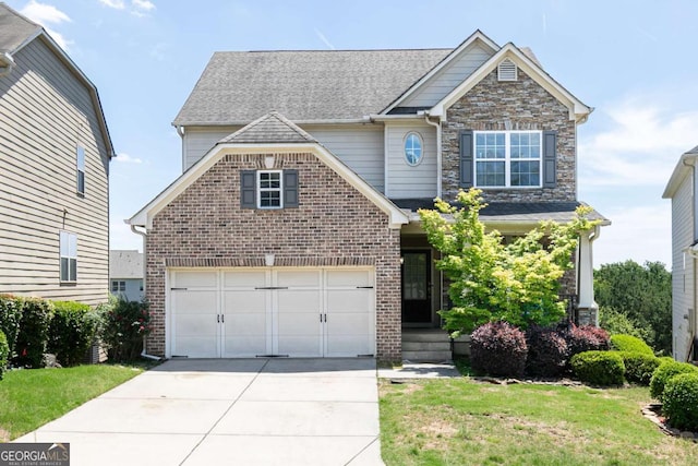 5888 Cobblestone Creek Cir, Mableton, GA 30126 - view of front of home featuring driveway, brick siding, a garage, a shingled roof, and a front lawn