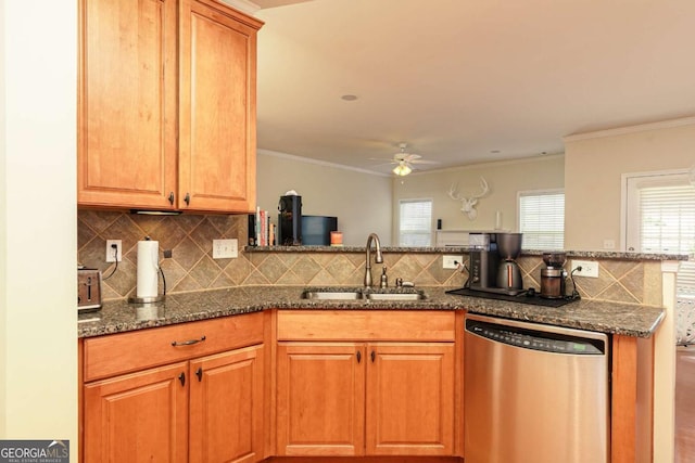 5888 Cobblestone Creek Cir, Mableton, GA 30126 - kitchen featuring stainless steel dishwasher, a sink, decorative backsplash, a ceiling fan, and ornamental molding