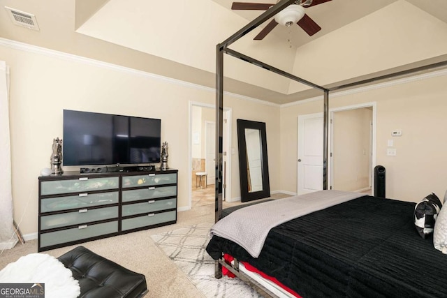 5888 Cobblestone Creek Cir, Mableton, GA 30126 - bedroom with carpet, ornamental molding, baseboards, connected bathroom, and a ceiling fan