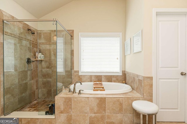 5888 Cobblestone Creek Cir, Mableton, GA 30126 - full bath featuring a garden tub, a shower stall, and lofted ceiling