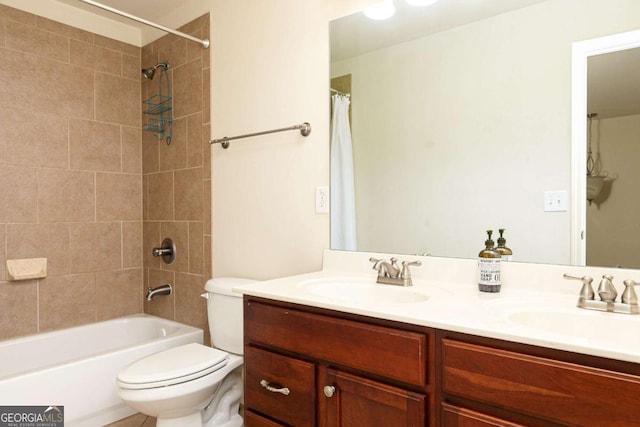 5888 Cobblestone Creek Cir, Mableton, GA 30126 - bathroom with toilet, double vanity, and shower / bath combination with curtain