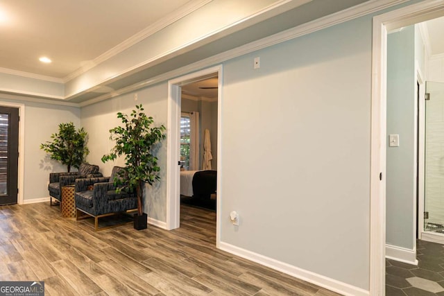 5888 Cobblestone Creek Cir, Mableton, GA 30126 - sitting room with ornamental molding, wood finished floors, baseboards, and recessed lighting