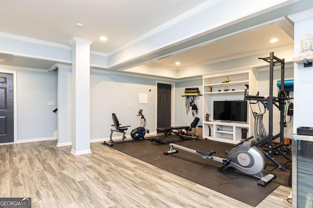 5888 Cobblestone Creek Cir, Mableton, GA 30126 - workout room featuring ornamental molding, baseboards, wood finished floors, and recessed lighting