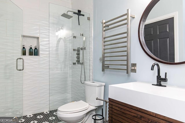 5888 Cobblestone Creek Cir, Mableton, GA 30126 - full bath featuring radiator heating unit, toilet, a stall shower, and a towel warming rack