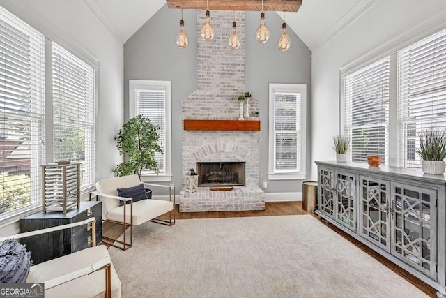 5461 Autumn Flame Dr, Braselton, GA 30517 - living room with wood finished floors, healthy amount of natural light, a fireplace, high vaulted ceiling, and baseboards