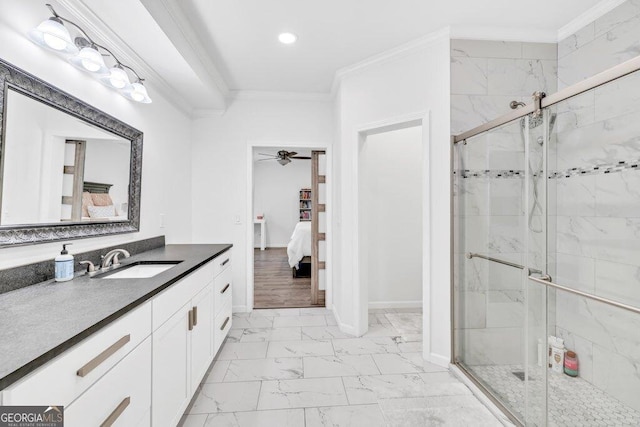 5461 Autumn Flame Dr, Braselton, GA 30517 - ensuite bathroom with marble look tile flooring, crown molding, vanity, a stall shower, and recessed lighting