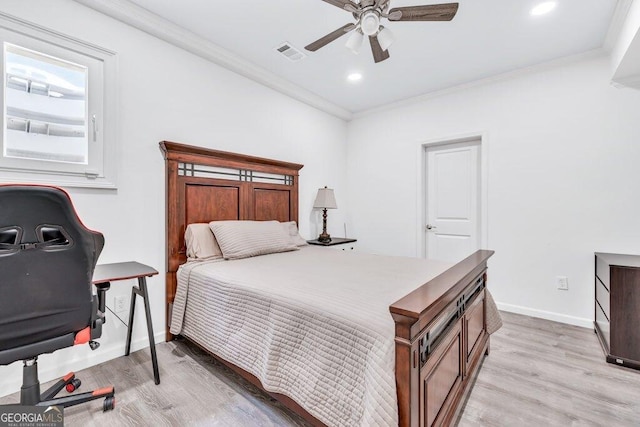 5461 Autumn Flame Dr, Braselton, GA 30517 - bedroom featuring light wood-type flooring, ornamental molding, baseboards, recessed lighting, and ceiling fan