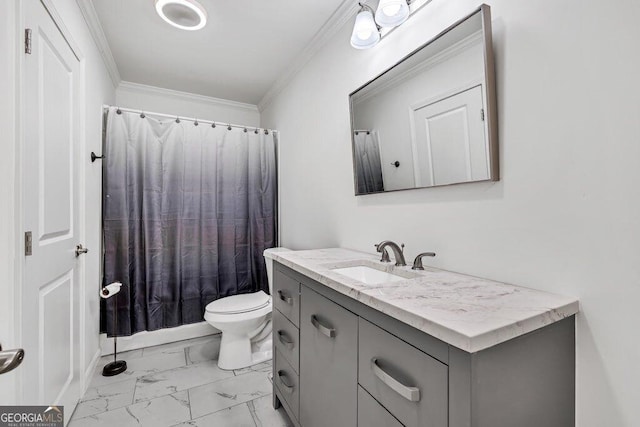 5461 Autumn Flame Dr, Braselton, GA 30517 - bathroom with marble look tiles, vanity, ornamental molding, and toilet