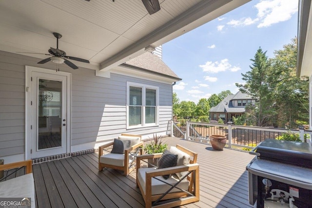 5461 Autumn Flame Dr, Braselton, GA 30517 - wooden terrace featuring a ceiling fan and a grill