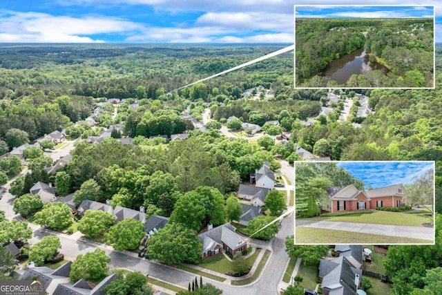 aerial view of residential area with a heavily wooded area, property boundaries highlighted, and a large body of water