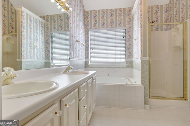 323 Newfield Way, Peachtree City, GA 30269 - bathroom featuring wallpapered walls, a shower stall, tile patterned flooring, double vanity, and a garden tub