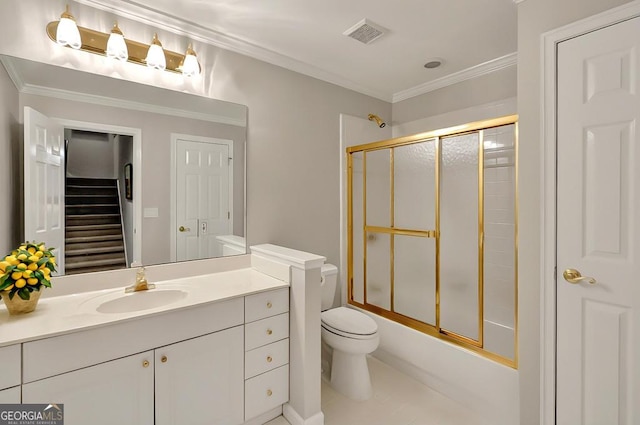 full bathroom with ornamental molding, toilet, vanity, and combined bath / shower with glass door