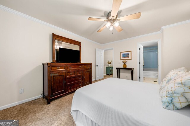 164 Stoneforest Dr, Woodstock, GA 30189 - bedroom featuring ornamental molding, a ceiling fan, and light colored carpet
