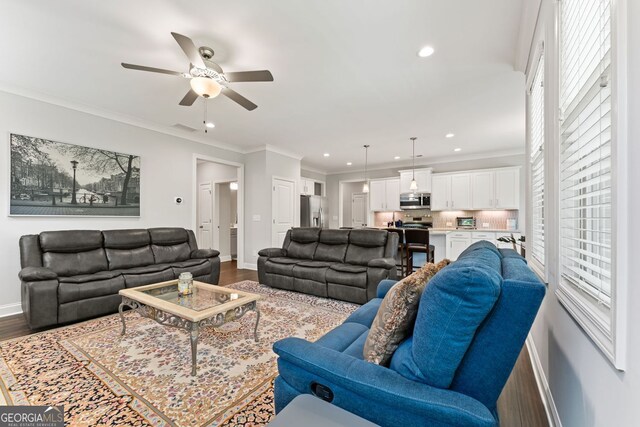 3219 Blackshear Dr, Marietta, GA 30060 - living area with baseboards, a ceiling fan, dark wood-type flooring, recessed lighting, and ornamental molding